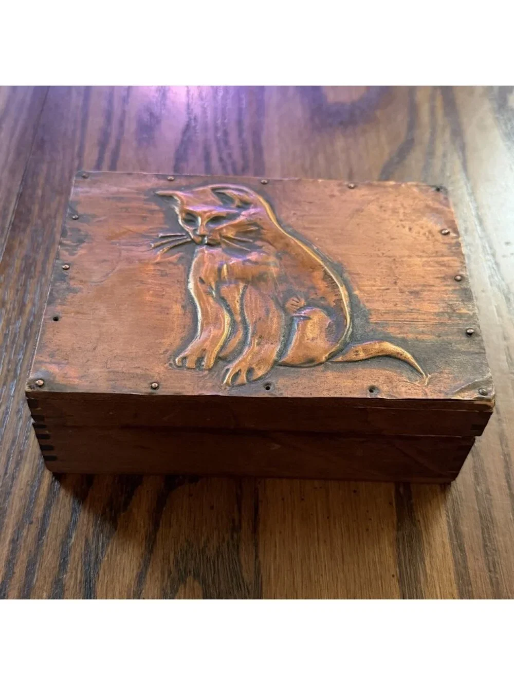 Vintage  Wood Trinket Box Embossed Copper Plate with Domestic Cat 5.5x4x2”